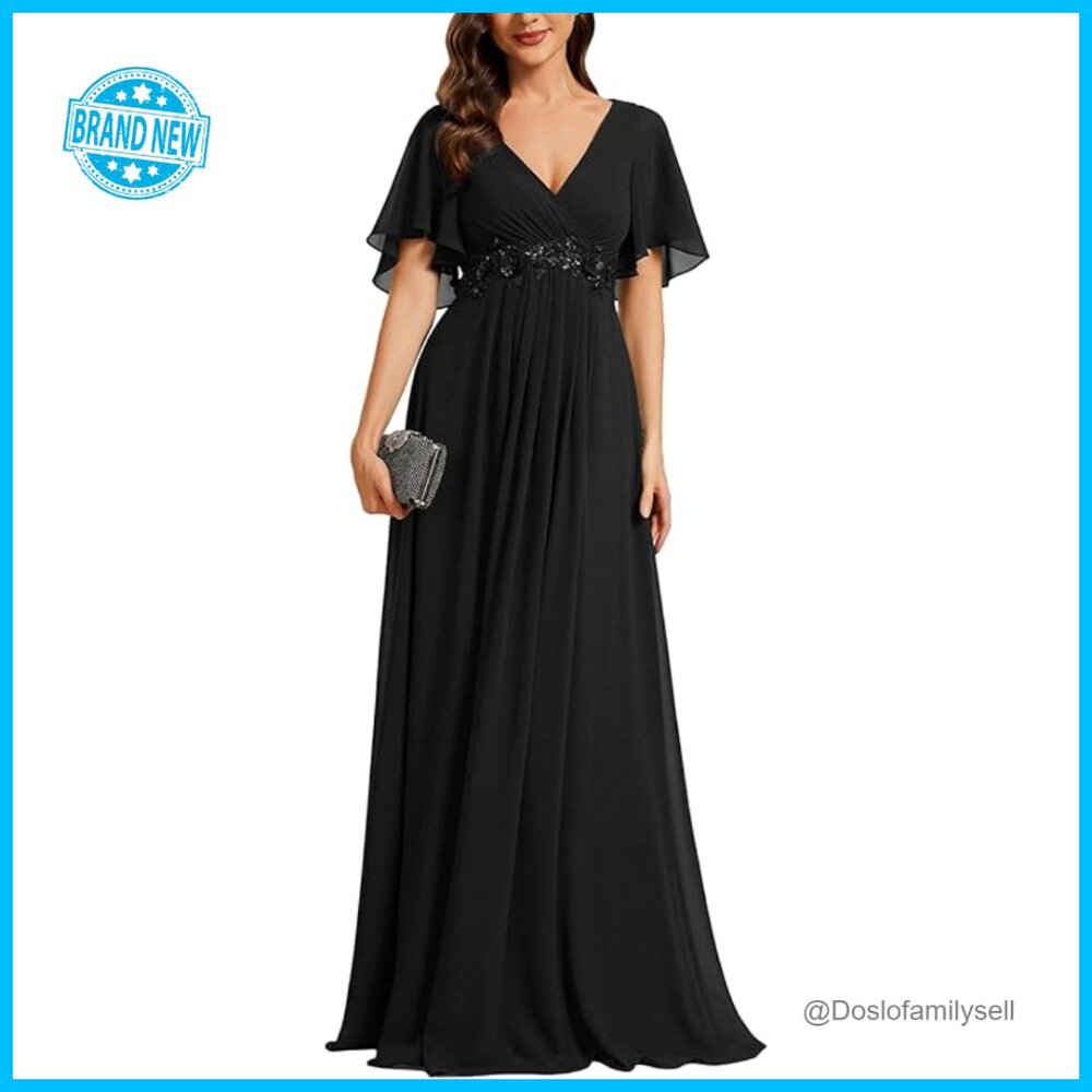 Elegant Formal Gown V-Neck A-Line Chiffon Floor Length Applique Waist